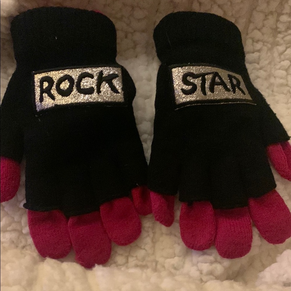 Rock Star Kids Gloves - 2 pairs overlap; Black and Pink